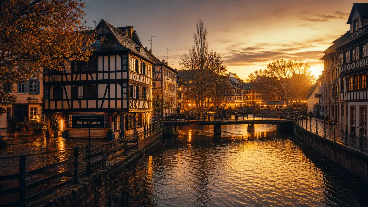 Altstadt straßburg : Petite France à Strasbourg, quai au coucher du soleil