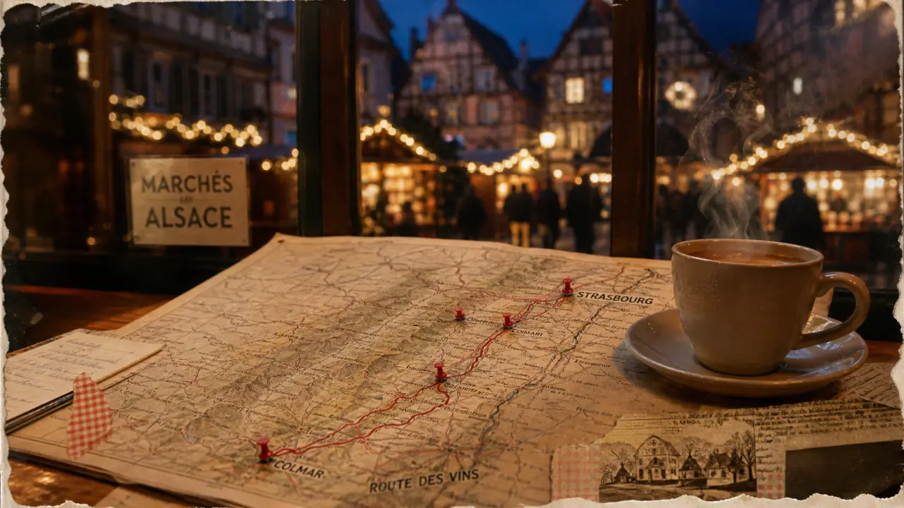 Carte des marchés de noël en alsace 2025, itinéraire Strasbourg–Colmar.