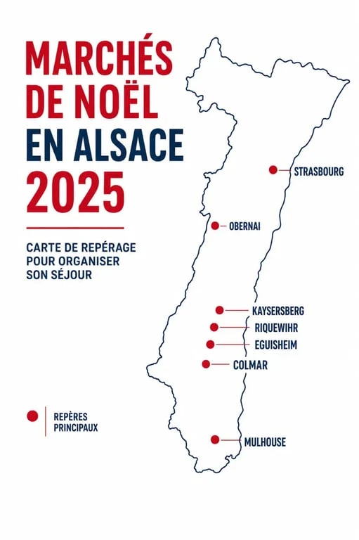 Carte des marchés de noël en alsace 2025 avec les principales villes et villages