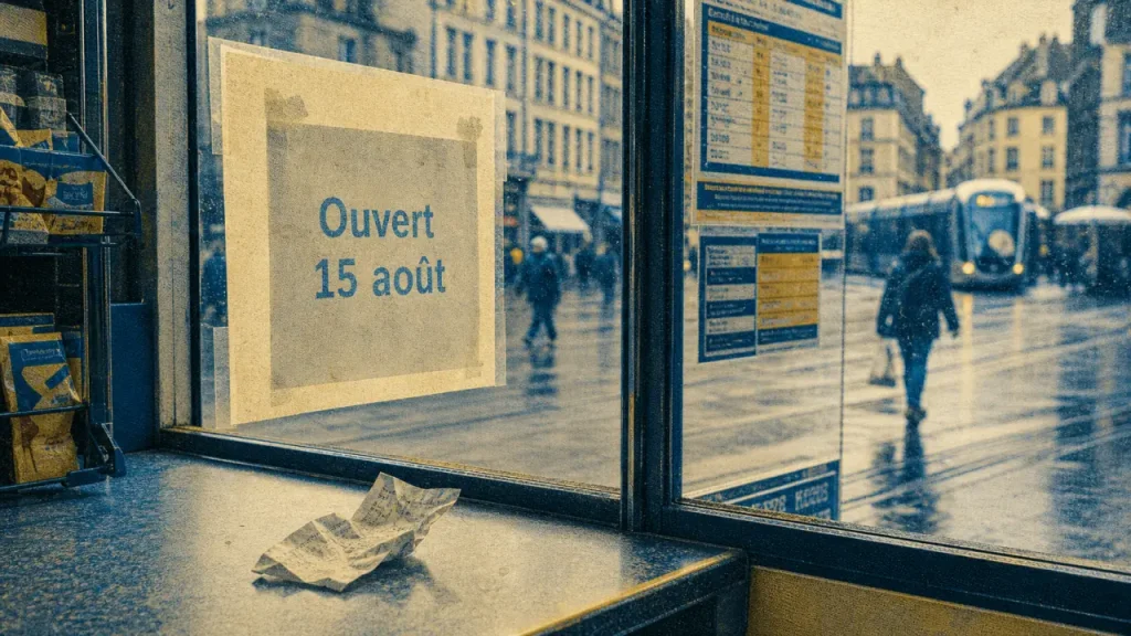 magasin ouvert le 15 aout strasbourg : affiche “Ouvert 15 août” sur une vitrine