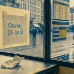 magasin ouvert le 15 aout strasbourg : affiche “Ouvert 15 août” sur une vitrine