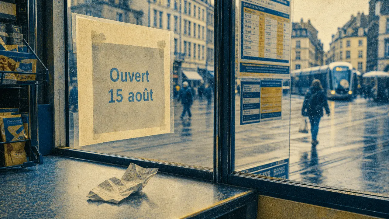 magasin ouvert le 15 aout strasbourg : affiche “Ouvert 15 août” sur une vitrine