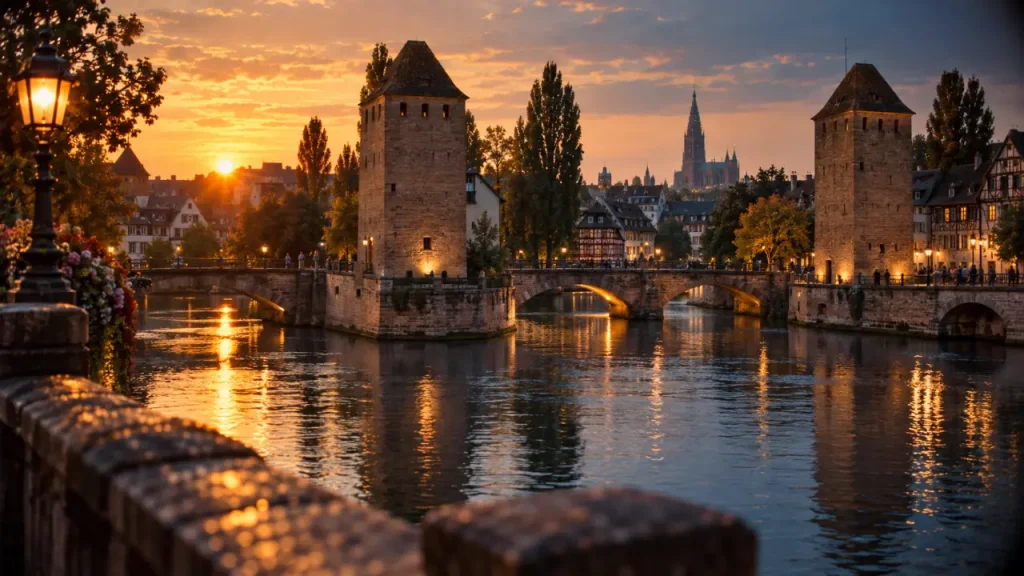 Balade Strasbourg centre, vue de l’Ill vers la cathédrale depuis les Ponts Couverts