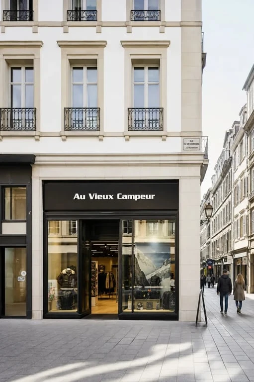 32 rue du 22 Novembre à Strasbourg, façade de rue commerçante et enseigne Au Vieux Campeur