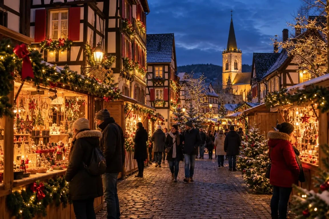 Marchés de Noël autour de Strasbourg dans un village alsacien illuminé