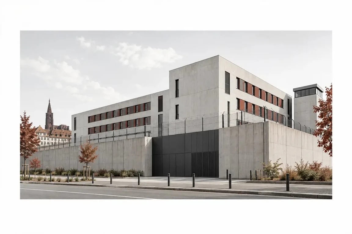 Vue extérieure de la maison d’arrêt de Strasbourg dans le quartier de l’Elsau