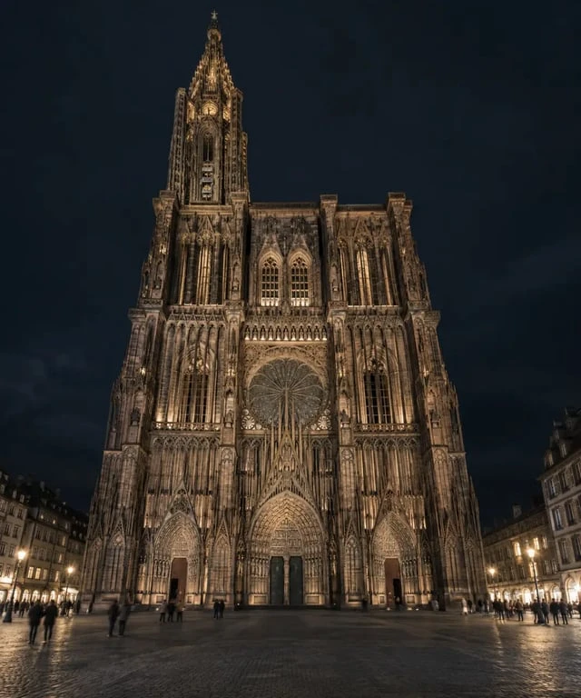 Strasbourg la nuit devant la cathédrale Notre-Dame illuminée