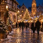 Marchés de noel autour de Strasbourg : rue alsacienne enneigée, lumières chaudes