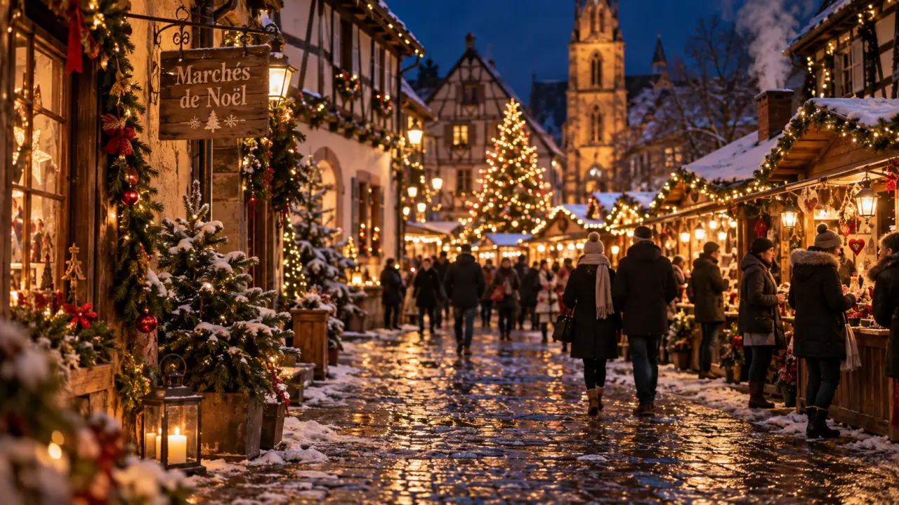 Marchés de noel autour de Strasbourg : rue alsacienne enneigée, lumières chaudes
