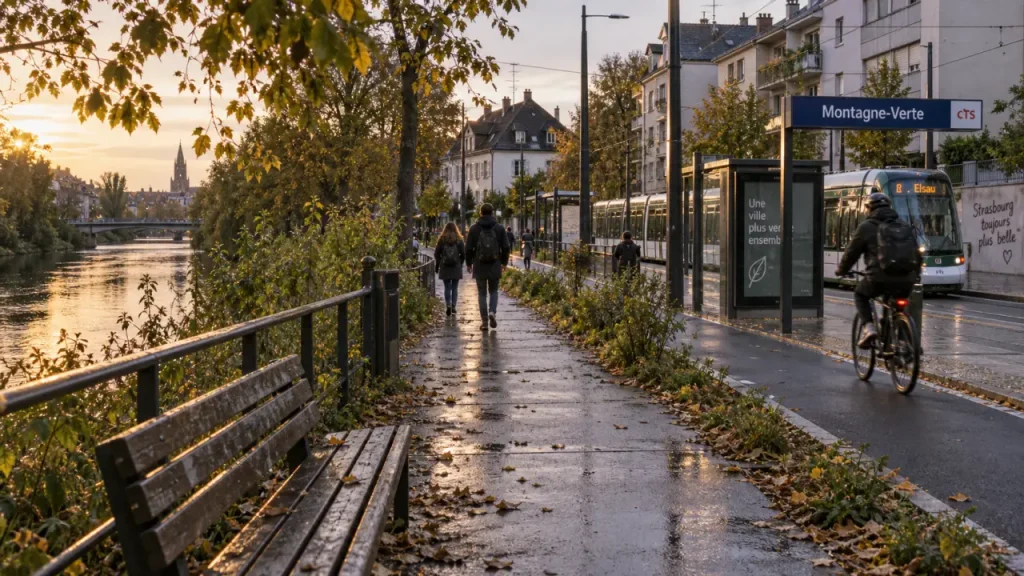 Montagne verte Strasbourg : berges de l’Ill, chemin piéton et tramway