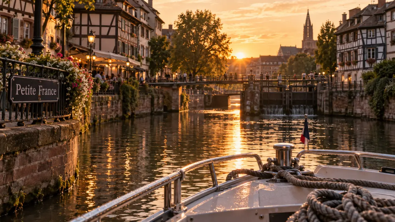 Strasbourg balade en bateau au Golden hour, quai de l’Ill et Petite France