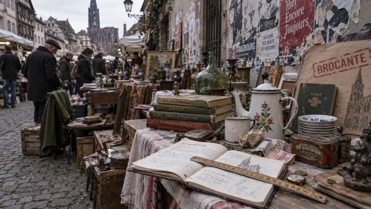 Marchés aux puces Strasbourg : allée avec tables et objets à chiner